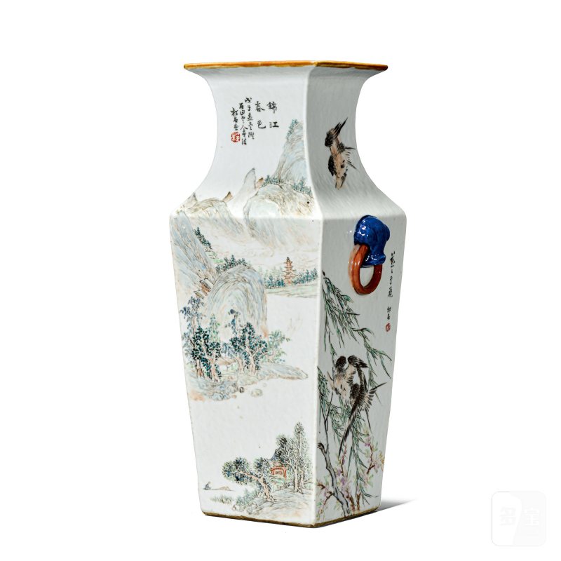 清光绪 程松石浅绛彩山水人物花鸟四方瓶